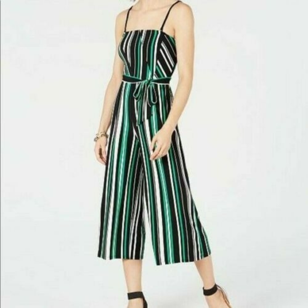 INC International Concepts Jumpsuit Women XS Green Striped Belted Wide Leg